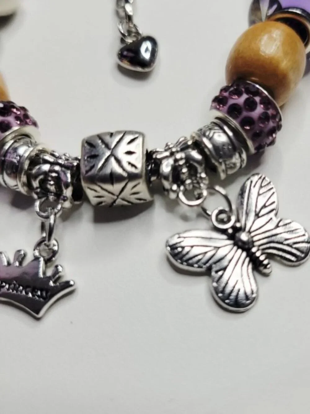 NWT Crown Princess Pandora Style Charm Bracelet Purple Rhinestones Wood Beads